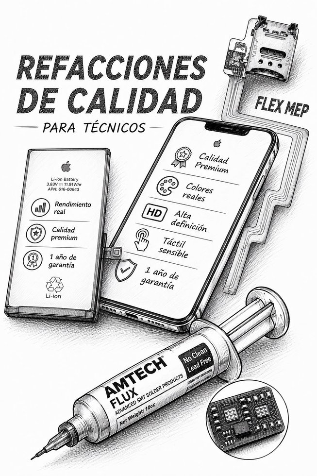 Refacciones de calidad para técnicos: pantallas, baterías, flex y flux